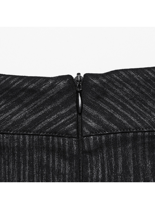 Black Elastic Vertical Stripes Woven Splicing Pressed Rubber Side Pleats With Irregular Eyelet Decoration Punk Style Slim Skirt
