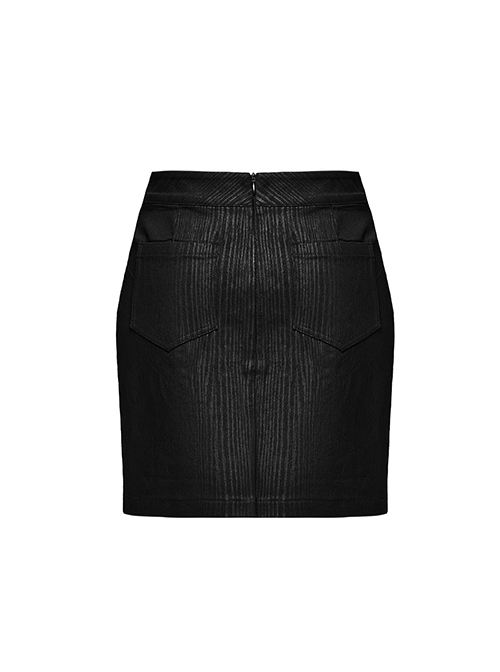 Black Elastic Vertical Stripes Woven Splicing Pressed Rubber Side Pleats With Irregular Eyelet Decoration Punk Style Slim Skirt