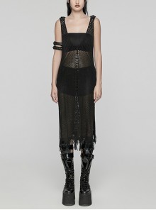 Sexy Black Hollow Mesh Woolen Knit With V Neck Symmetrical Slit Hem Punk Style Sleeveless Raw Edge Dress