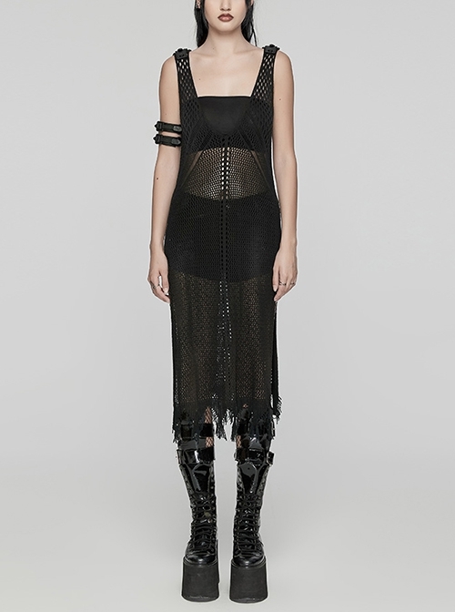 Sexy Black Hollow Mesh Woolen Knit With V Neck Symmetrical Slit Hem Punk Style Sleeveless Raw Edge Dress