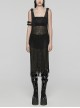 Sexy Black Hollow Mesh Woolen Knit With V Neck Symmetrical Slit Hem Punk Style Sleeveless Raw Edge Dress