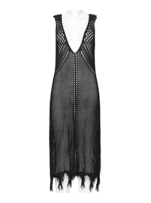Sexy Black Hollow Mesh Woolen Knit With V Neck Symmetrical Slit Hem Punk Style Sleeveless Raw Edge Dress