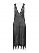 Sexy Black Hollow Mesh Woolen Knit With V Neck Symmetrical Slit Hem Punk Style Sleeveless Raw Edge Dress