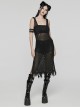 Sexy Black Hollow Mesh Woolen Knit With V Neck Symmetrical Slit Hem Punk Style Sleeveless Raw Edge Dress
