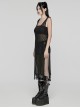 Sexy Black Hollow Mesh Woolen Knit With V Neck Symmetrical Slit Hem Punk Style Sleeveless Raw Edge Dress