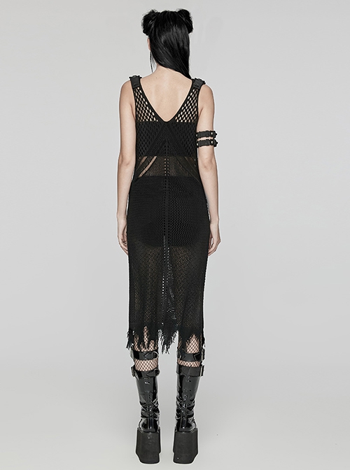 Sexy Black Hollow Mesh Woolen Knit With V Neck Symmetrical Slit Hem Punk Style Sleeveless Raw Edge Dress