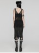 Sexy Black Hollow Mesh Woolen Knit With V Neck Symmetrical Slit Hem Punk Style Sleeveless Raw Edge Dress
