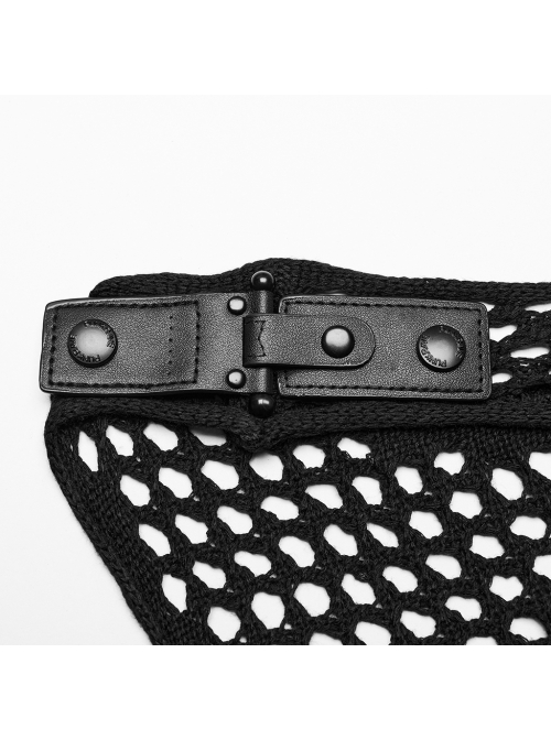 Sexy Black Hollow Mesh Woolen Knit With V Neck Symmetrical Slit Hem Punk Style Sleeveless Raw Edge Dress