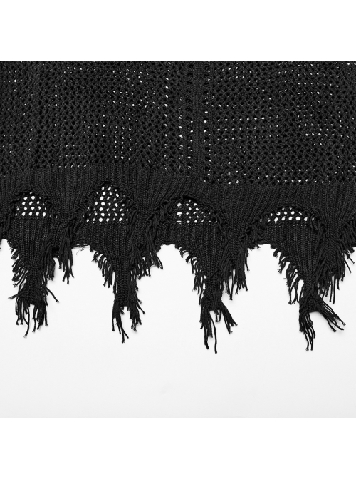 Sexy Black Hollow Mesh Woolen Knit With V Neck Symmetrical Slit Hem Punk Style Sleeveless Raw Edge Dress