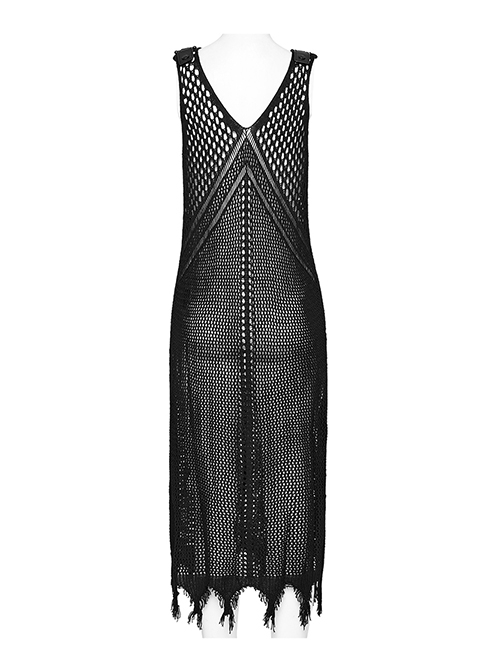 Sexy Black Hollow Mesh Woolen Knit With V Neck Symmetrical Slit Hem Punk Style Sleeveless Raw Edge Dress