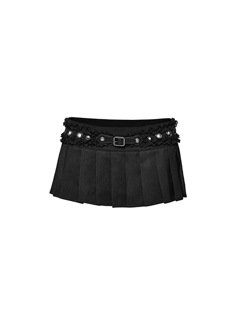 Non Stretch Black Woven Ultra Short Pleated Waist With Cross Eyelet Lace Design Punk Style Sexy Mini Skirt