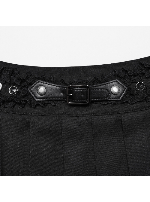 Non Stretch Black Woven Ultra Short Pleated Waist With Cross Eyelet Lace Design Punk Style Sexy Mini Skirt