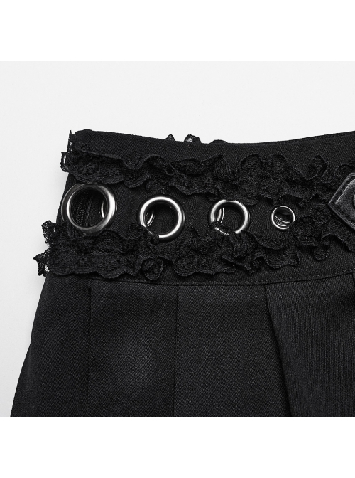 Non Stretch Black Woven Ultra Short Pleated Waist With Cross Eyelet Lace Design Punk Style Sexy Mini Skirt