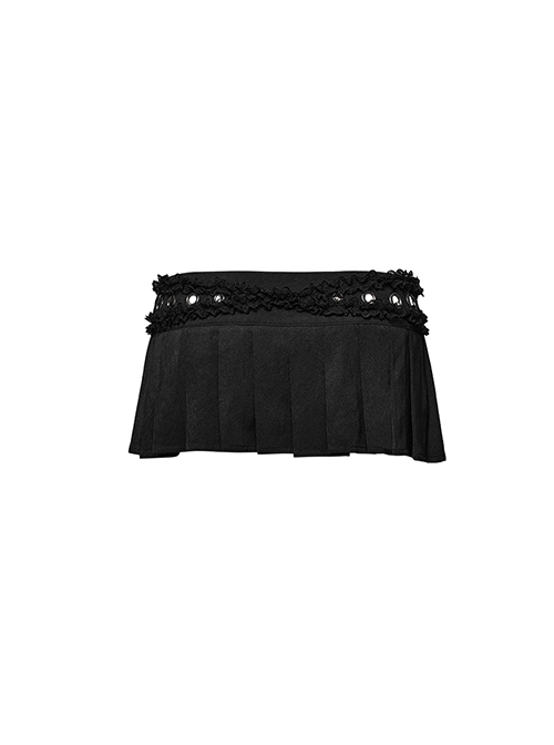 Non Stretch Black Woven Ultra Short Pleated Waist With Cross Eyelet Lace Design Punk Style Sexy Mini Skirt