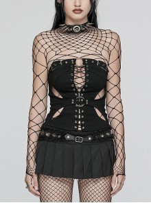 Black Twill Hollow Front Center Eyelet Cross Tie Back Zipper Design Punk Style Adjustable Corset