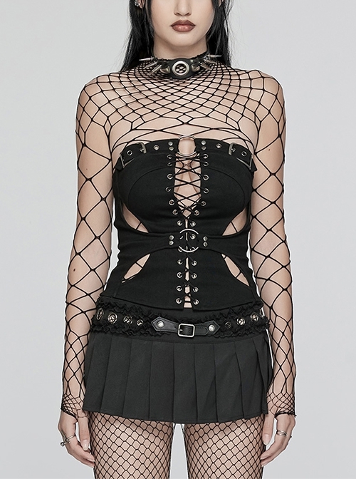 Black Twill Hollow Front Center Eyelet Cross Tie Back Zipper Design Punk Style Adjustable Corset