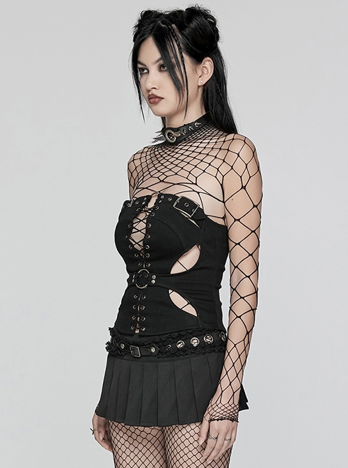 Black Twill Hollow Front Center Eyelet Cross Tie Back Zipper Design Punk Style Adjustable Corset