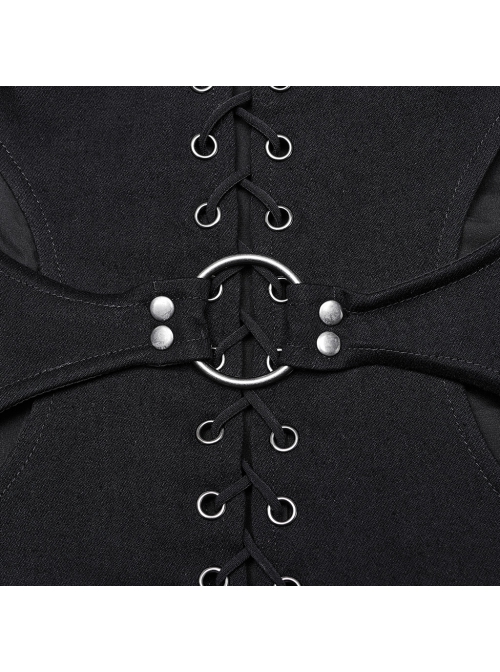 Black Twill Hollow Front Center Eyelet Cross Tie Back Zipper Design Punk Style Adjustable Corset