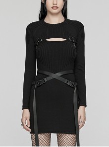 Removable Black Soft Wool With Waist Buckle Belt Decoration Punk Style Two Piece Dress