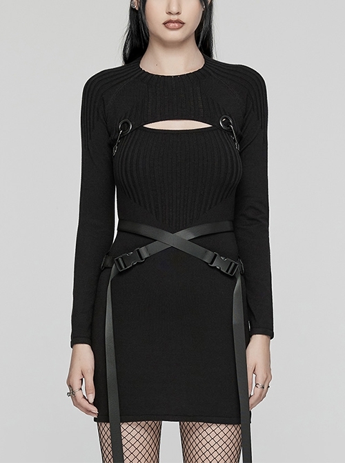 Removable Black Soft Wool With Waist Buckle Belt Decoration Punk Style Two Piece Dress