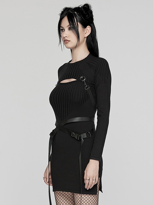 Removable Black Soft Wool With Waist Buckle Belt Decoration Punk Style Two Piece Dress