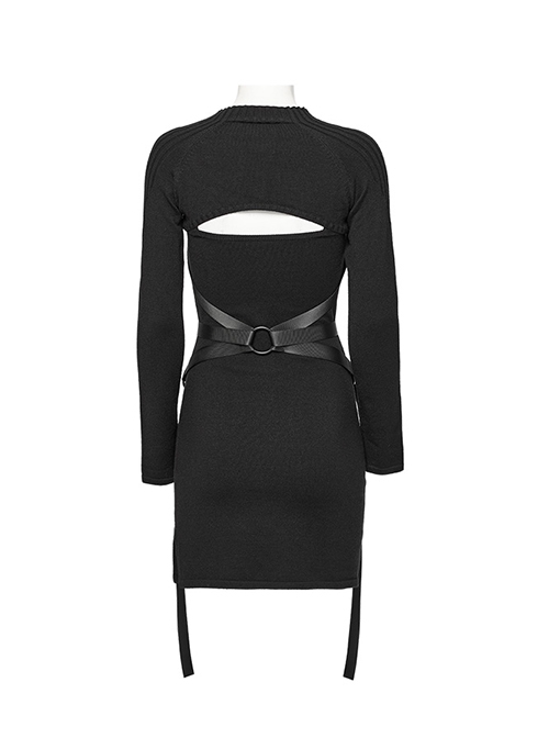 Removable Black Soft Wool With Waist Buckle Belt Decoration Punk Style Two Piece Dress