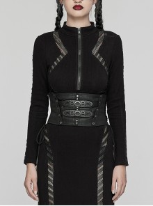 Adjustable Back Drawstring Black Glossy Twill Woven Metal Eyelets In The Front With Rivets Punk Style Zipper Corset
