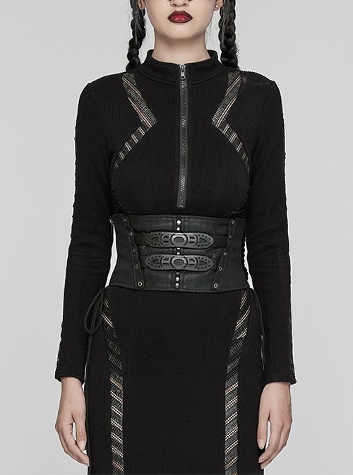 Adjustable Back Drawstring Black Glossy Twill Woven Metal Eyelets In The Front With Rivets Punk Style Zipper Corset