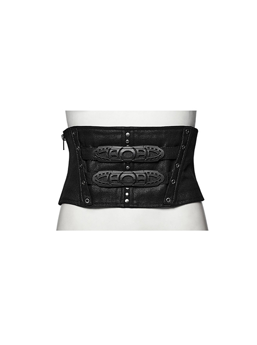 Adjustable Back Drawstring Black Glossy Twill Woven Metal Eyelets In The Front With Rivets Punk Style Zipper Corset