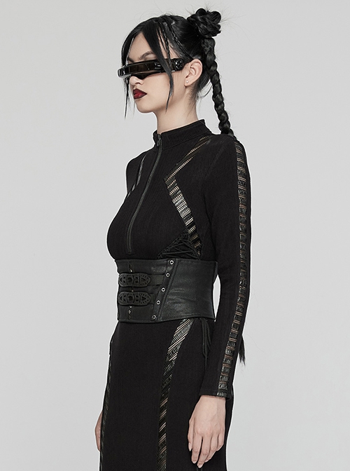 Adjustable Back Drawstring Black Glossy Twill Woven Metal Eyelets In The Front With Rivets Punk Style Zipper Corset