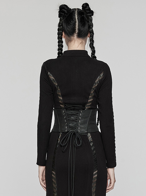 Adjustable Back Drawstring Black Glossy Twill Woven Metal Eyelets In The Front With Rivets Punk Style Zipper Corset