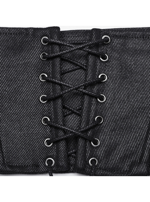 Adjustable Back Drawstring Black Glossy Twill Woven Metal Eyelets In The Front With Rivets Punk Style Zipper Corset