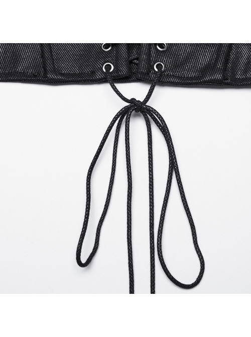 Adjustable Back Drawstring Black Glossy Twill Woven Metal Eyelets In The Front With Rivets Punk Style Zipper Corset