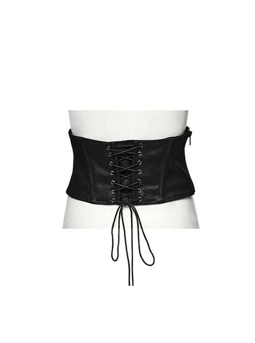 Adjustable Back Drawstring Black Glossy Twill Woven Metal Eyelets In The Front With Rivets Punk Style Zipper Corset