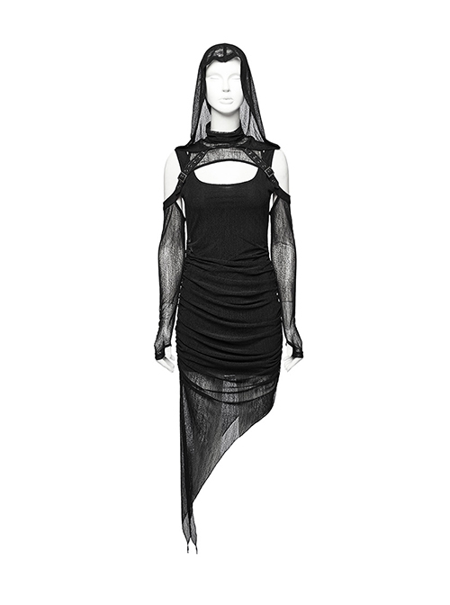 Black Stretch Mesh Stitching Comfortable Knitted Fabric Waist And Abdomen Pleats With Irregular Hem Punk Style Hooded Two Piece Dress