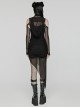 Black Stretch Mesh Stitching Comfortable Knitted Fabric Waist And Abdomen Pleats With Irregular Hem Punk Style Hooded Two Piece Dress