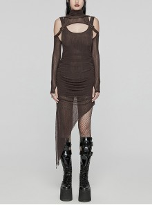Brown Stretch Mesh Stitching Comfortable Knitted Fabric Waist And Abdomen Pleats With Irregular Hem Punk Style Hooded Two Piece Dress