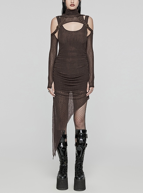 Brown Stretch Mesh Stitching Comfortable Knitted Fabric Waist And Abdomen Pleats With Irregular Hem Punk Style Hooded Two Piece Dress