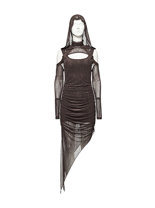 Brown Stretch Mesh Stitching Comfortable Knitted Fabric Waist And Abdomen Pleats With Irregular Hem Punk Style Hooded Two Piece Dress