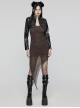 Brown Stretch Mesh Stitching Comfortable Knitted Fabric Waist And Abdomen Pleats With Irregular Hem Punk Style Hooded Two Piece Dress