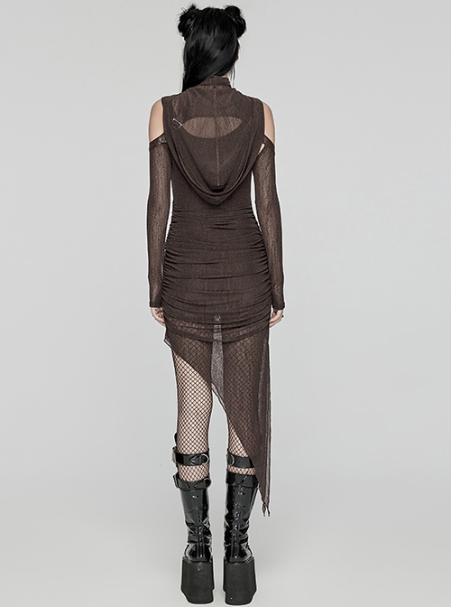 Brown Stretch Mesh Stitching Comfortable Knitted Fabric Waist And Abdomen Pleats With Irregular Hem Punk Style Hooded Two Piece Dress