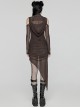 Brown Stretch Mesh Stitching Comfortable Knitted Fabric Waist And Abdomen Pleats With Irregular Hem Punk Style Hooded Two Piece Dress