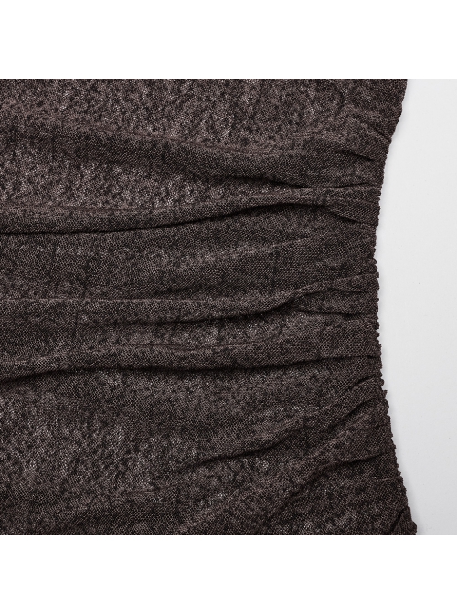 Brown Stretch Mesh Stitching Comfortable Knitted Fabric Waist And Abdomen Pleats With Irregular Hem Punk Style Hooded Two Piece Dress