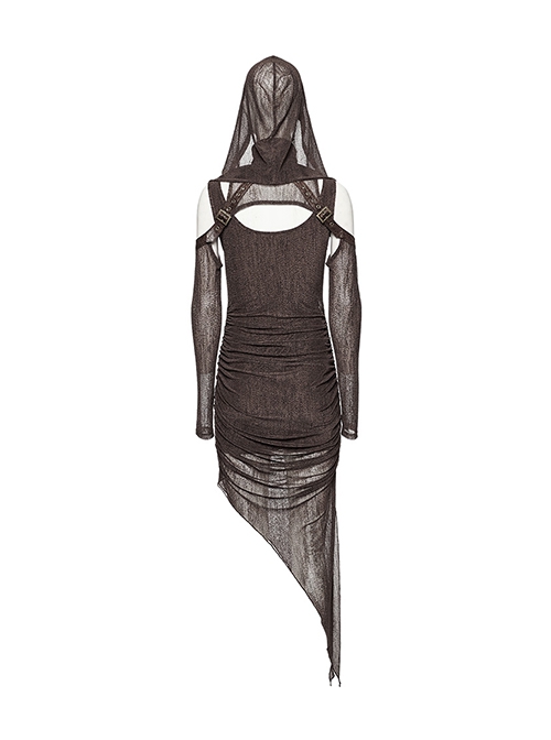 Brown Stretch Mesh Stitching Comfortable Knitted Fabric Waist And Abdomen Pleats With Irregular Hem Punk Style Hooded Two Piece Dress