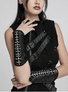 Personalized Skeleton Shape With Black Shiny Patent Leather Stretch Knitted Fabric Gothic Style Drawstring Adjustable Gloves