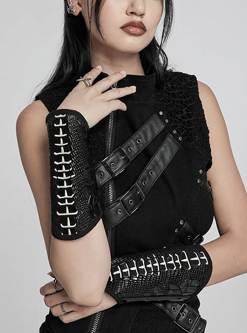 Personalized Skeleton Shape With Black Shiny Patent Leather Stretch Knitted Fabric Gothic Style Drawstring Adjustable Gloves