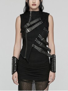 Black Stretch Denim Mesh Irregular Hollow Holes In The Front Center And Japanese Button Design Punk Style Sleeveless Coat