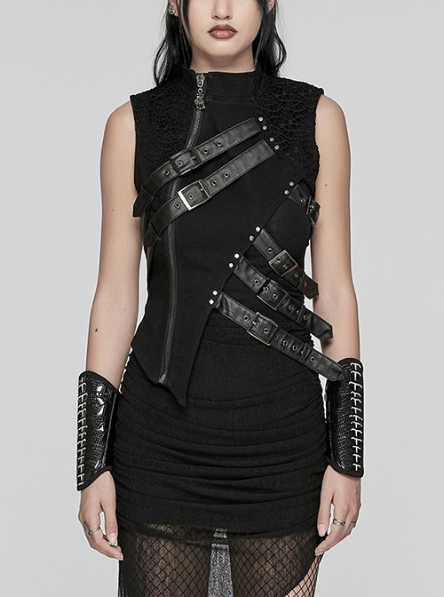 Black Stretch Denim Mesh Irregular Hollow Holes In The Front Center And Japanese Button Design Punk Style Sleeveless Coat