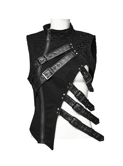 Black Stretch Denim Mesh Irregular Hollow Holes In The Front Center And Japanese Button Design Punk Style Sleeveless Coat