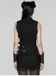 Black Stretch Denim Mesh Irregular Hollow Holes In The Front Center And Japanese Button Design Punk Style Sleeveless Coat